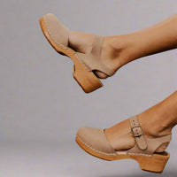 Marie | Damen Comfortable Sandals Plateau-Clogs Lederriemen Holzsohle - Beige