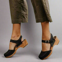 Marie | Damen Comfortable Sandals Plateau-Clogs Lederriemen Holzsohle - Schwarz