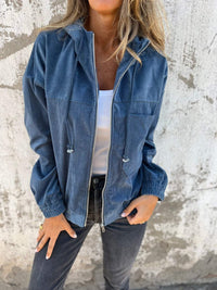 Mia | Damen Cord Kapuzenjacke mit Reißverschluss Oversized Freizeitjacke - Blau