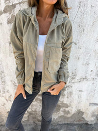 Mia | Damen Cord Kapuzenjacke mit Reißverschluss Oversized Freizeitjacke - Grün