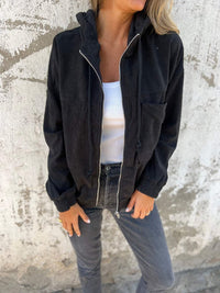 Mia | Damen Cord Kapuzenjacke mit Reißverschluss Oversized Freizeitjacke - Schwarz
