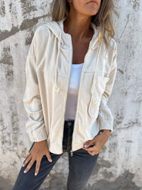 Mia | Damen Cord Kapuzenjacke mit Reißverschluss Oversized Freizeitjacke - Weiß