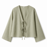 Damen Crop-Top mit langen Ärmeln und Bindevorderseite - Grün