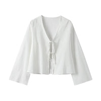 Damen Crop-Top mit langen Ärmeln und Bindevorderseite - Weiß