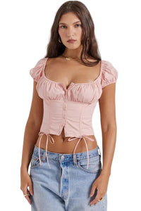 Damen-Crop-Top mit Puffärmeln, Knopfleiste und Bindebändern - Rosa
