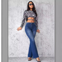 Damen Denim-Hose mit hohem Bund, ausgestelltem Bein und Taschen vorne und hinten - Blau