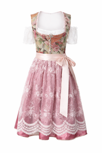 Damen Dirndl Kleid mit Blütenmuster, Frontverschluss und Spitzenschürze - Blumenmuster