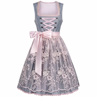 Damen Dirndl Kleid mit Stehkragen, Schnürfront und Spitzenüberlage - Hellblau