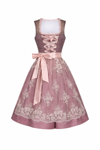 Damen Dirndl Kleid mit Stehkragen, Schnürfront und Spitzenüberlage - Rosa
