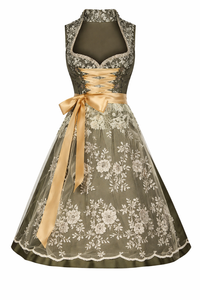 Damen Dirndl Kleid mit Stehkragen, Schnürfront und Spitzenüberlage - Dunkelgrün