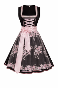Damen Dirndl Kleid mit Stehkragen, Schnürfront und Spitzenüberlage - Schwarz