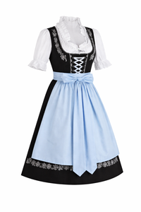Damen Dirndl Kleid mit Stickerei, Schnürung und Schürzenband - Schwarz