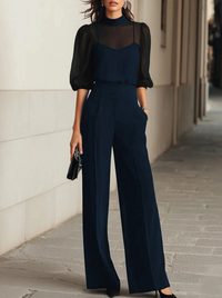 Damen Dreiteiliges Set mit Transparentem Oberteil und Weiter Hose - Marineblau
