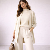 Emilia | Damen Dreiteiliges Strick-Loungewear-Set mit langem Cardigan - Weiß