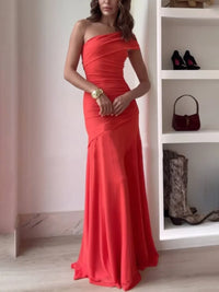 Damen Ein-Schulter Maxikleid mit gerafftem Oberteil und ausgestelltem Rockteil - Orange