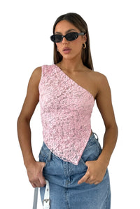Damen-Ein-Schulter-Oberteil aus Spitze mit asymmetrischem Ausschnitt - Rosa