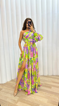 Damen Einschulter-Maxikleid mit Puffärmel und Seitenschlitz mit Blumenmuster - Gelb