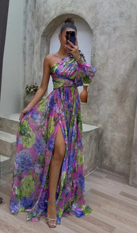 Damen Einschulter-Maxikleid mit Puffärmel und Seitenschlitz mit Blumenmuster - Lila