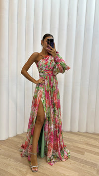 Damen Einschulter-Maxikleid mit Puffärmel und Seitenschlitz mit Blumenmuster - Rosa