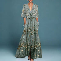 Emilia | Damen Elegante Blumen Maxi Abendkleider mit tiefem V-Ausschnitt - Blau