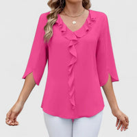 Marlene | Damen Elegante Rüschen-Bluse V-Ausschnitt Halbarm - Pink