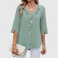 Marlene | Damen Elegante Rüschen-Bluse V-Ausschnitt Halbarm - Green