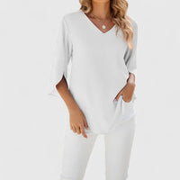 Marlene | Damen Elegante Rüschen-Bluse V-Ausschnitt Halbarm - Classic White