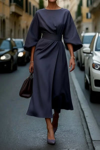 Hannah | Damen Elegantes Cocktailkleid mit Laternenärmeln Taillengürtel Midi - Navy Blue