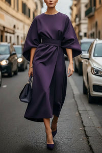 Hannah | Damen Elegantes Cocktailkleid mit Laternenärmeln Taillengürtel Midi - Purple