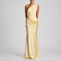 Hannah | Damen Elegantes One-Shoulder Satin-Maxikleid für Hochzeitsgäste im Herbst - Gelb