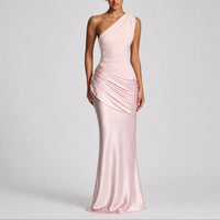 Hannah | Damen Elegantes One-Shoulder Satin-Maxikleid für Hochzeitsgäste im Herbst - Rosa
