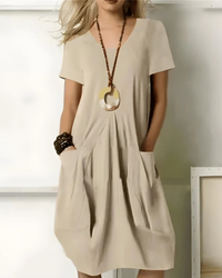 Damen Festliches Sommerkleid mit Taschen | Midi Kleid - Beige