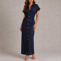 Sophie | Damen Figurbetontes Maxi-Hemdblusenkleid für Herbst-Hochzeitsgäste - Marineblau