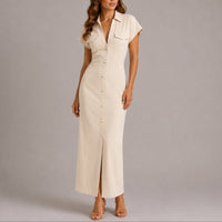 Sophie | Damen Figurbetontes Maxi-Hemdblusenkleid für Herbst-Hochzeitsgäste - Beige