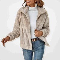 Frieda | Damen Flauschiger Oversized Reißverschluss Cardigan - Beige