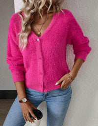 Marie | Damen Flauschiger V-Ausschnitt Strickjacke Cardigan mit Knopfleiste - Magenta