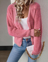 Marie | Damen Flauschiger V-Ausschnitt Strickjacke Cardigan mit Knopfleiste - Rosa