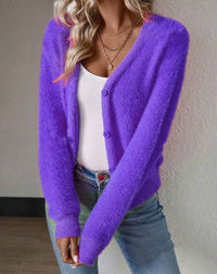 Marie | Damen Flauschiger V-Ausschnitt Strickjacke Cardigan mit Knopfleiste - Flieder