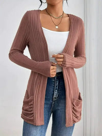 Damen Gerippte Langarm Strickjacke mit offener Front und gerafften Fronttaschen - Altrosa