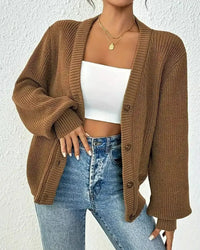 Damen Gerippte Strickjacke mit V-Ausschnitt Knopfverschluss und Ballonärmeln - Beigebraun