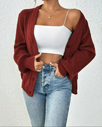 Damen Gerippte Strickjacke mit V-Ausschnitt Knopfverschluss und Ballonärmeln - Dunkelrot