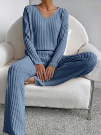 Damen Geripptes Strick Set mit V-Ausschnitt Langen Ärmeln und Weiter Hose - Marineblau
