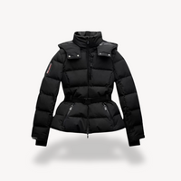Damen Gesteppte Pufferjacke mit Gürtel Stehkragen Brusttaschen und Reißverschluss - Schwarz