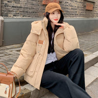 Damen Gesteppte Pufferjacke mit Kapuze Frontreißverschluss Brusttasche und Seitentaschen - Khaki