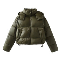Damen Gesteppte Pufferjacke mit Kapuze Knopfverschluss und Kordelzug am Saum - Armygrün