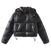 Damen Gesteppte Pufferjacke mit Kapuze Knopfverschluss und Kordelzug am Saum - Schwarz