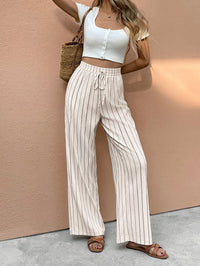 Lena | Damen Gestreifte Wide Leg Pants Leinenhose Elastischer Kordelzugbund - Aprikose
