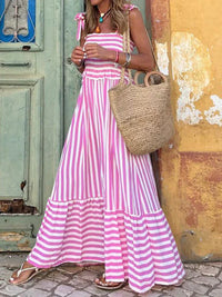 Damen Gestreiftes Maxikleid mit Bindebandträgern und Gerafftem Oberteil und Stufenrock - Rosa