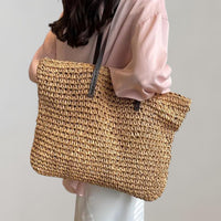 Johanna | Damen großer geflochtener Bohemian Stroh Tote Bag Schultertasche - Khaki