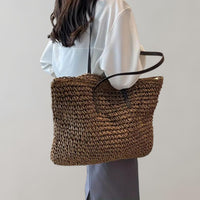 Johanna | Damen großer geflochtener Bohemian Stroh Tote Bag Schultertasche - Kaffee